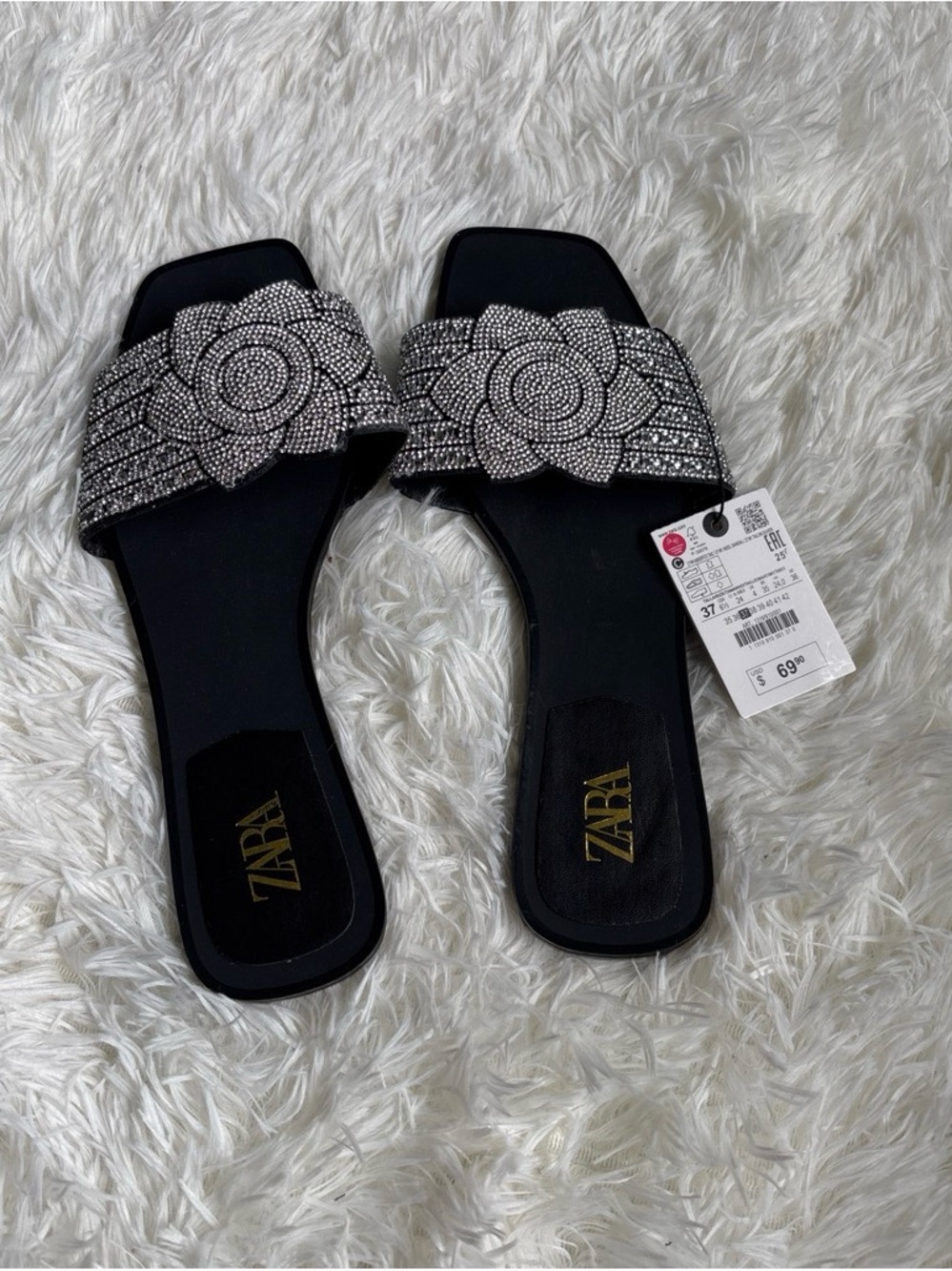 ZARA Black Crystal-Embellished Floral Slide Mules